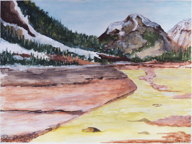 <B>Medicine Lake</B> <BR>Jasper National Park, Alberta  <BR>Mixed media - watercolour and acrylic gouache on paper<BR>29.2 cm x 39.4 cm  (11.5