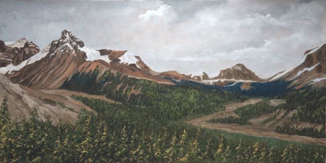 <B>Icefields Parkway</B>  <BR>Jasper National Park, Alta.  <BR>South of the Icefields DIscovery Centre  <BR>Oil on canvas  <BR>45.7 cm x 61 cm  (18