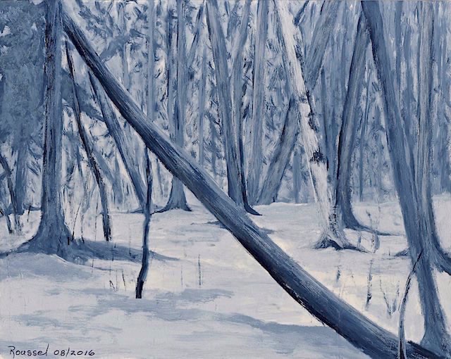 <B>Fallen Tree</B> (study)  <span style=color:purple>●</span>  <BR>Blue Mountain, Ont. <BR>Acrylic on canvas board  <BR>20.32 cm x 25.4 cm  (8