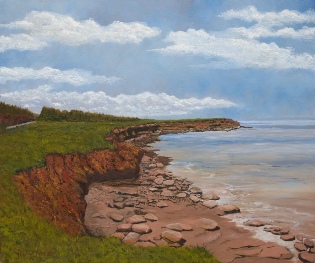 <B>The Red Cliffs of Cavendish</B>  <span style=color:purple>●</span> <BR>Cavendish, P.E.I. <BR>Oil on birch panel  <BR>50.8 cm x 60.96 cm  (20