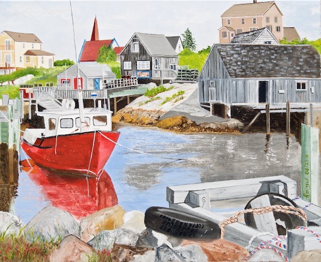 <B>Low Tide</B> <span style=color:red>●</span> <BR>Peggy's Cove, N.S. <BR>Oil on canvas  <BR>40.64 cm x 50.8 cm  (16